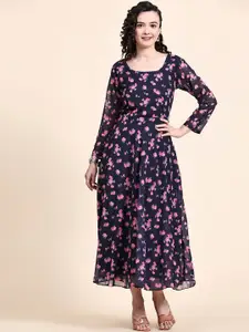 KALINI Floral Printed Round Neck Fit & Flare Ethnic Dresses