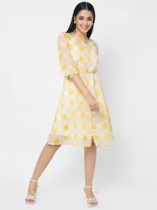 VASTRADO Geometric Printed Puffed Sleeves A-Line Dress