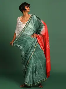 Indethnic Striped Zari Silk Cotton Chanderi Saree