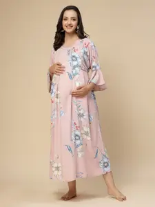 Sweet Dreams Pink Floral Printed Bell Sleeves Fit & Flare Maternity Dress