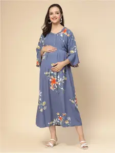 Sweet Dreams Blue Floral Printed Bell Sleeves Fit & Flare Maternity Dress