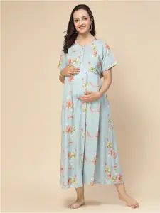 Sweet Dreams Blue Floral Printed Round Neck Pleated Maternity A-Line Midi Dress