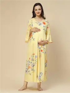 Sweet Dreams Yellow Floral Printed Bell Sleeves Pleated Maternity A-Line Midi Dress