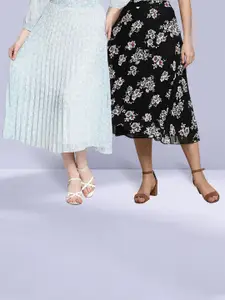 NUEVOSDAMAS Pack of 2 Floral Printed  Midi Flared Skirts