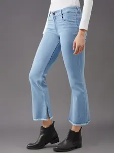 Miss Chase Women Blue High-Rise Clean Look Side Slits Bootcut Stretchable Jeans