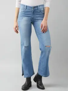 Miss Chase Women Blue Slash Knee Light Fade Wide Leg Stretchable Jeans