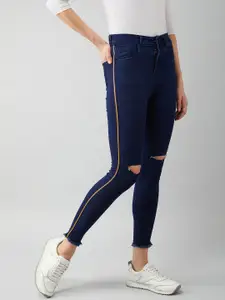 Miss Chase Women Navy Blue High-Rise Slash Knee Light Fade Skinny Fit Stretchable Jeans