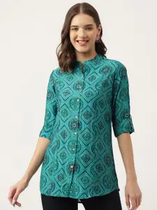 Divena Geometric Printed Mandarin Collar Roll-Up Sleeves Shirt Style Top