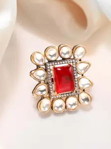 Rubans 24K Gold Plated Ruby Red  White Kundan & CubicZirconia Studded Luxe Adjustable Ring