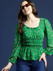Mast & Harbour Floral Print Dobby Weave Cinched Waist Top
