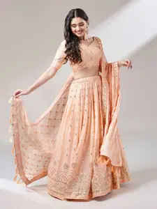 panchhi Embroidered Sequinned Semi-Stitched Lehenga & Unstitched Blouse With