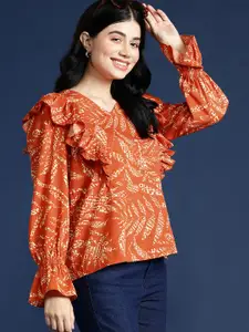 Mast & Harbour Tropical Print Ruffle Detailed Top