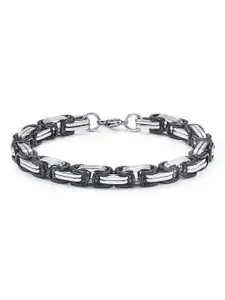 Peora Men Silver-Toned & Black Stainless Steel Link Bracelet