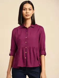 all about you Gathered Detail Roll-Up Sleeves Shirt Style Top