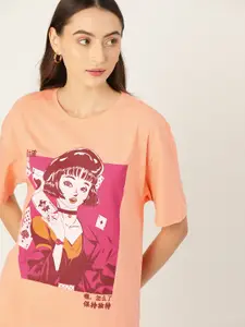 DressBerry Women Printed Drop-Shoulder Sleeves Oversized Longline T-shirt