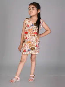 Creative Kids Girls Conversational Printed Belted Cotton A-Line Dress