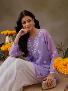ADA Floral Embroidered Chikankari Kurti with Slip
