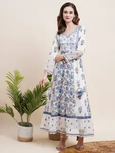 FASHOR Floral Printed V-Neck Belted Cotton A-Line Ethnic Dress