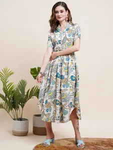 FASHOR Off White Floral Printed Cotton Fit & Flare Midi Dress