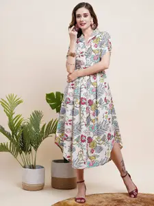 FASHOR Floral Printed Roll-Up Sleeves Belted Cotton A-Line Midi Dress