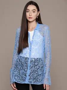 MANGO Floral Self Design Semi Sheer Casual Shirt