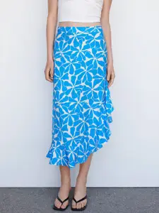 MANGO Floral Printed High Low Hem Ruffles Detail Straight Skirt