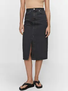 MANGO Cotton Front Slit Straight Denim Midi Skirt