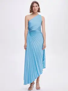 MANGO Accordian Pleated One Shoulder Asymmetric Midi Fit & Flare Dress