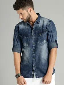 Roadster Men Blue Faded Denim Pure Cotton Sustainable Casual Shirt