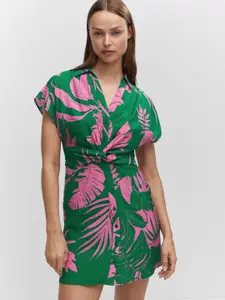 MANGO Tropical Print Knot Detail Shirt Mini Dress
