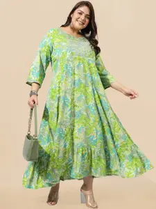 MIRCHI FASHION Green Plus Size Floral Printed Embellished Empire Ethnic Dress