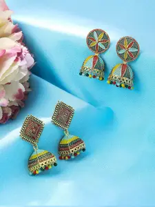 Yellow Chimes Set Of 2 Gold Plated Meenakari Jhumkas