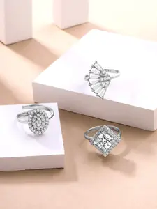 Yellow Chimes Set Of 3 Silver-Plated AD Studded Adjustable Finger Rings