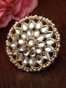 KARATCART Gold-Plated Kundan-Studded Pearl Beaded Finger Ring
