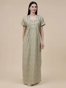Sweet Dreams Olive Green Printed Pure Cotton Maxi Nightdress