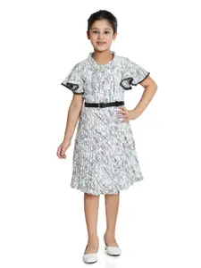 Peppermint Girls Geometric Printed Tie-Up Neck Lace Insert Satin Fit & Flare Dress