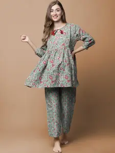 Secret Wish Floral Printed Gathered Detail Pure Cotton Maternity Nightsuit