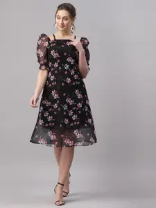 Selvia Black Floral Printed Puff Sleeves Georgette Fit & Flare Dress