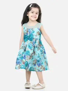 BownBee Girls Floral Printed Round Neck Bow Fit & Flare Dress