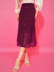 Purple Feather Georgette Midi Flared Skirt