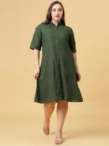 Curvy Lane Plus Size Self Design Schiffli Band Collar Roll-Up Sleeves Cotton Shirt Dress