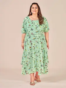 Curvy Lane Plus Size Floral Printed Puff Sleeves Belted A-Line Dress