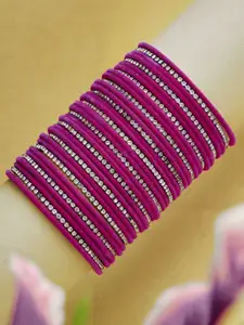 ATIBELLE Set Of 35 Silver-Plated American Diamond-Studded Velvet Textured Bangles