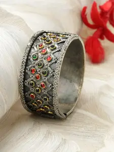 Moedbuille Silver-Plated Crystal Studded Oxidised Cuff Bracelet