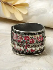 Moedbuille Silver-Plated Meenakari Antique Oxidised Cuff Bracelet