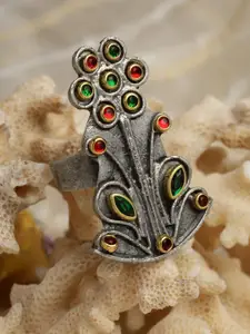 Moedbuille Silver-Plated Crystal-Studded Antique Tribal Design Oxidised Finger Ring