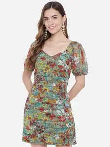 Trend Arrest Floral Printed Puff Sleeves Pleated Detailed Sheath Dress