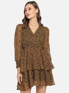Trend Arrest Floral Printed Puffed Sleeves Layered Detailed Fit & Flare Dress