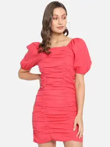 Trend Arrest Puff Sleeves Gathered detailed Sheath Dress