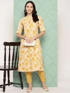 ZOLA Floral Printed Roll-Up Sleeves Mandarin Collar Pathani Kurta